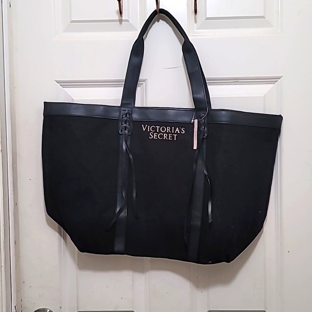 NEW Victoria's Secret Tote Bag Women's OS Black‎ Canvas Braided Travel Carryall